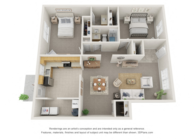 Floor plan for 2 beds, 1.5 baths, 1240 sqft